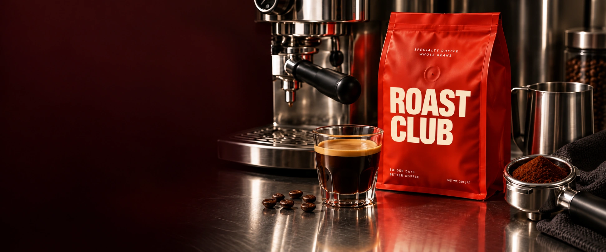 Roast Club red coffee packaging and espresso beside a chrome coffee machine
