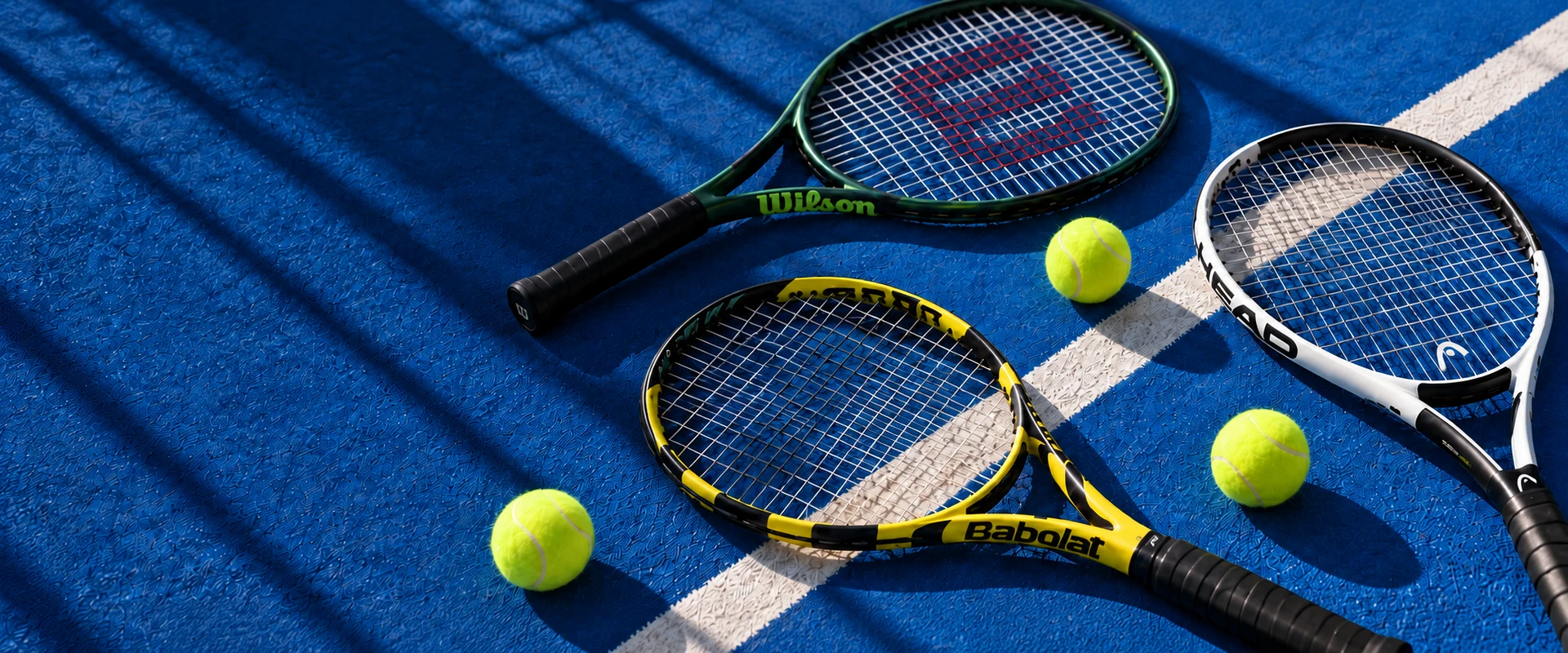 Three different tennis rackets and yellow balls on a blue court